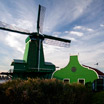 Colorfull green windmill at the popular attraction, Zaanse Schans
